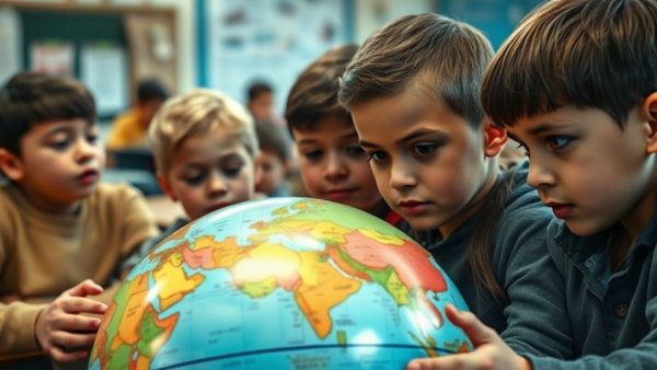 Kids exploring a globe for geography trivia questions.