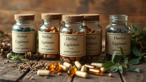 Herbal supplements amidst herbs and capsules on a rustic table.