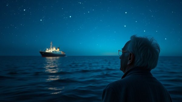 Older man reflecting while looking at a ship, Missing Opportunities.