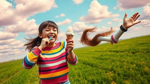 Girl eating ice cream with first device for kids against pop-art background.