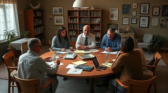 patient addiction support group, collaborative, sharing experiences in a safe space, photorealistic, community center with a large round table, highly detailed, various materials and personal notes, meticulously rendered, earth tones, ambient lighting, shot with a 24mm lens.
