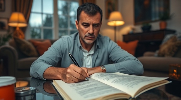 resilient addiction recovery participant, determined, journaling progress, photorealistic, cozy living room full of personal touches, highly detailed, pen and paper with personal notes, vividly captured, rich colors, evening soft lighting, shot with a 35mm lens.