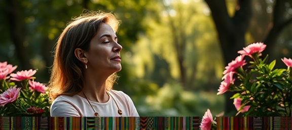 relieved addiction therapy client, reflective, meditating peacefully, photorealistic, serene garden setting with blooming flowers, highly detailed, natural elements blending with subject, ethereally depicted, calming colors, natural sunlight streaming through trees, shot with a macro lens.