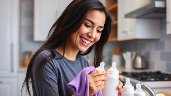 Cheerful woman preparing baby bottles for postpartum support in kitchen