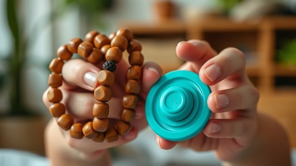 Close-up of wooden beads and pop-it toy showcasing fidget toys history
