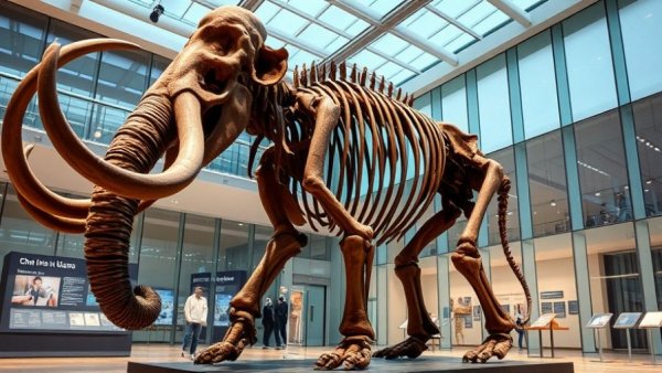 Woolly mammoth skeleton in museum, symbolizing species defying extinction
