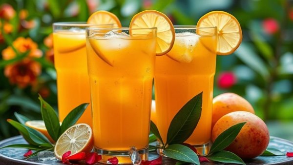Refreshing mango Ceylon tea benefits with lime and mango slices.