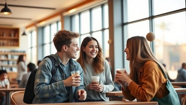 Autistic teenagers smiling and talking in a cafe, fostering relationships.