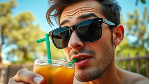 Person outdoors with sunglasses showing expressive emotions.