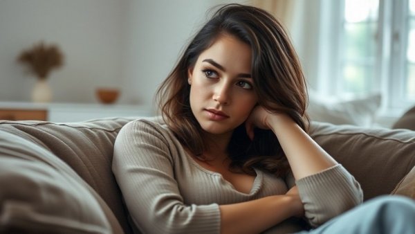 Young woman on couch, reflecting and thinking - how to help a young adult with depression.
