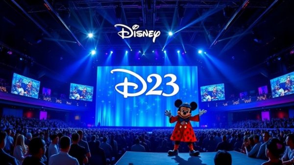 Disney D23 announcements on stage with Mickey Mouse and audience.