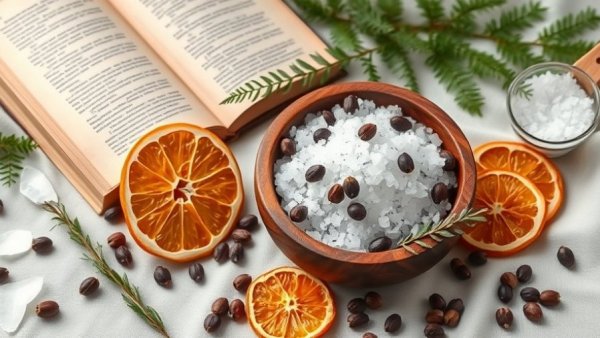 Cleansing Juniper Berry Bath Recipe setup with ingredients and book.