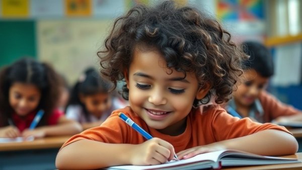 Child focusing on schoolwork in a classroom setting.
