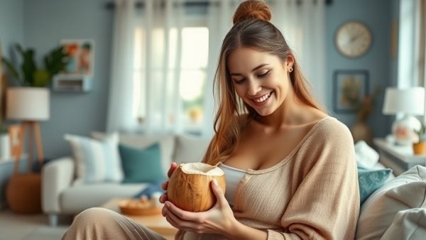New mother enjoys coconut water while nursing in cozy room.