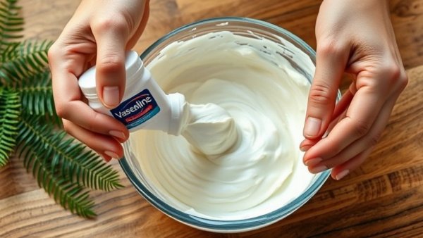Mixing toothpaste and Vaseline for homemade remedy on wooden surface.