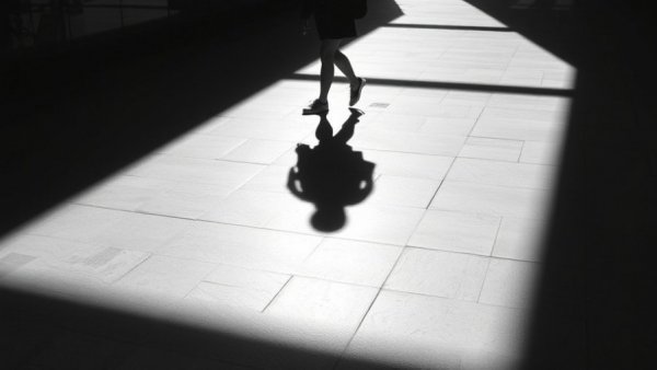 Ethereal shadow of woman on sunlit floor emphasizes predictive thinking in holistic wellness.