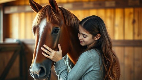 Nature-Based Healing: Woman bonding with a horse in a stable