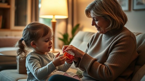 Mother giving medicine to daughter in a cozy home environment.