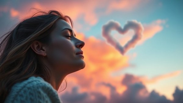 Woman reflecting on optimizing love life, gazing at heart-shaped cloud.
