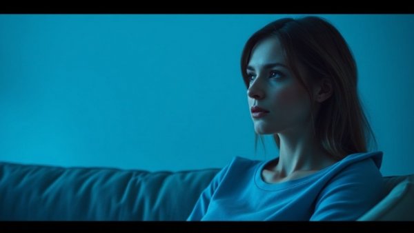 Contemplative woman in blue hues on sofa, evoking introspection.