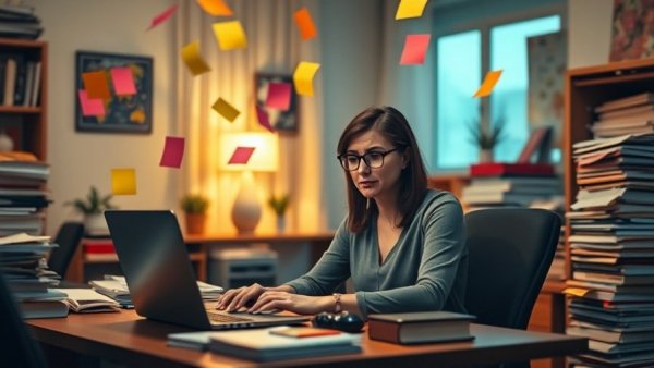 Stressed woman doing more attempt to control outcome at colorful workspace.