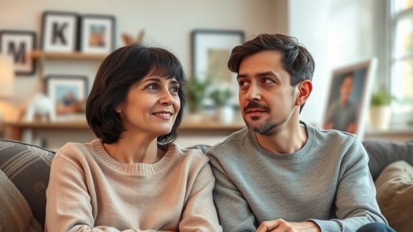 Mother and son waiting for autism assessment in cozy living room.