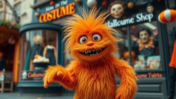 Furry orange monster outside a whimsical costume shop for kids' movies.