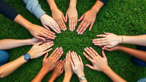 Diverse hands forming a circle on grass as social sustainability examples.