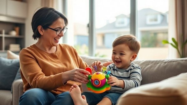 Managing autistic child behavior at home with sensory toy interaction.