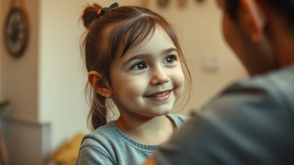 Young girl displaying lack of eye contact with adult indoors.
