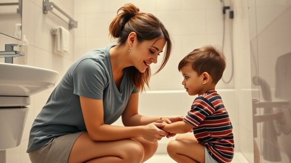 Woman guiding autistic child in bathroom, toilet training moment.