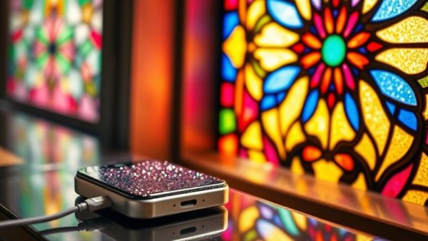 Luxe glittery charger and stained glass window; 4.5 stars on Amazon.