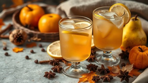 Spiced pear mocktail in elegant glasses with autumnal spices.