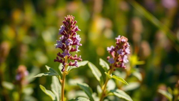 Close-up of tulsi plant flowers in sunlight, Tulsi and Beauty Medicine.
