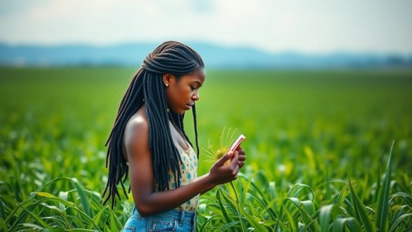 Woman in agriculture examining plants in a green field.