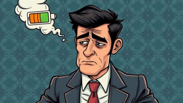 Cartoon of man with low battery head, hidden dangers of burnout.