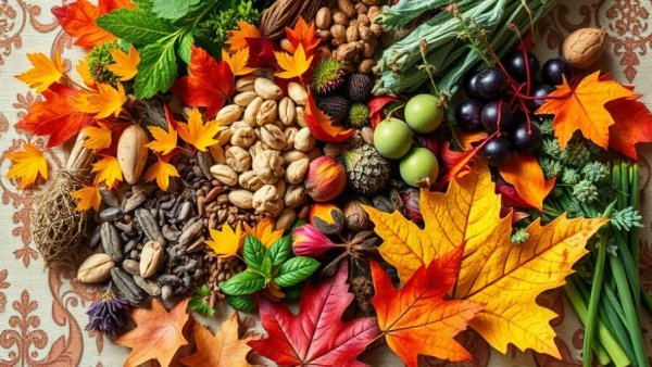 Aromatic herbs for winter wellness with autumn leaves.