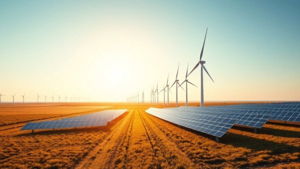 Solar panels and wind turbines in a vast field, renewable energy landscape