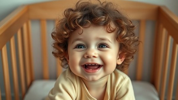 Cheerful toddler in crib smiling, unique word names for babies.
