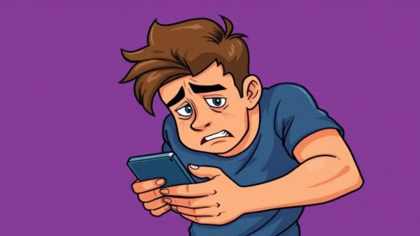Illustration of harmful habits that worsen stress, young man on phone looking overwhelmed