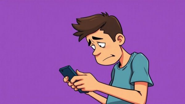 Young man stressed, using phone, cartoon style.