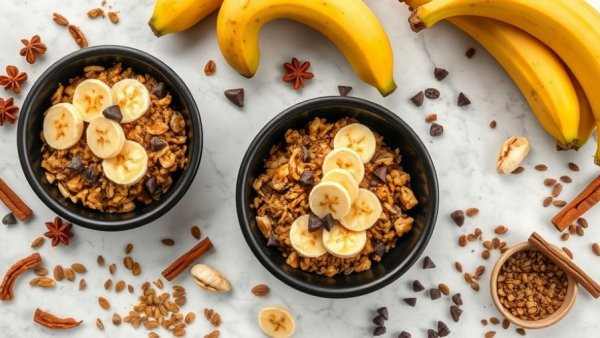 Banana bread granola bowls with bananas, seeds, and spices.