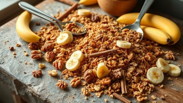 Banana bread granola with bananas, walnuts, and spices.