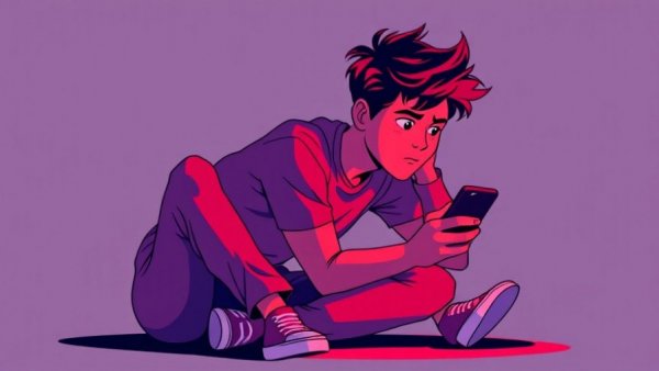 Cartoon of tired adult using phone after a stressful day, harmful habits.