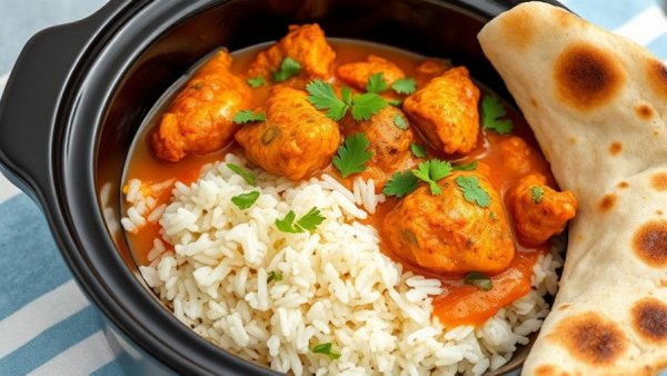 Gourmet dump and go crockpot meal served with naan.