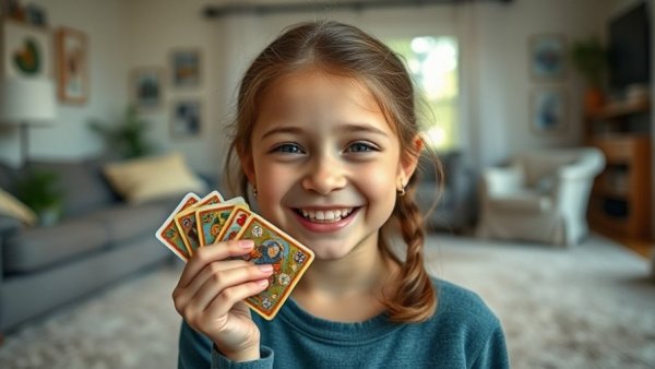 Smiling girl holding game cards indoors, Teaching Kids Sportsmanship