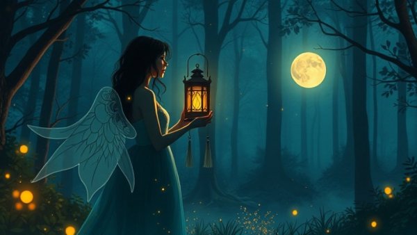 Ethereal scene rebuilding life after loss with lantern and glowing orb.
