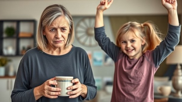Mom burnout with energetic child in modern home setting.