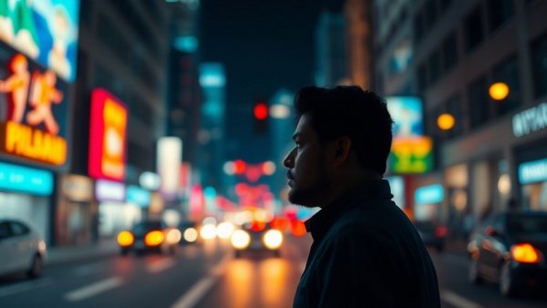 Embracing uncertainty in life: silhouette in vibrant cityscape.