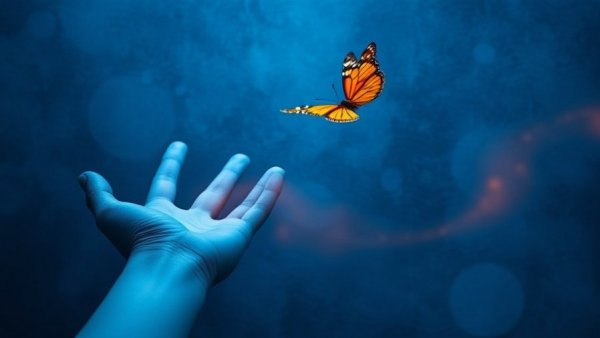 Ethereal hands and butterfly illustrating life lessons in vibrant hues.
